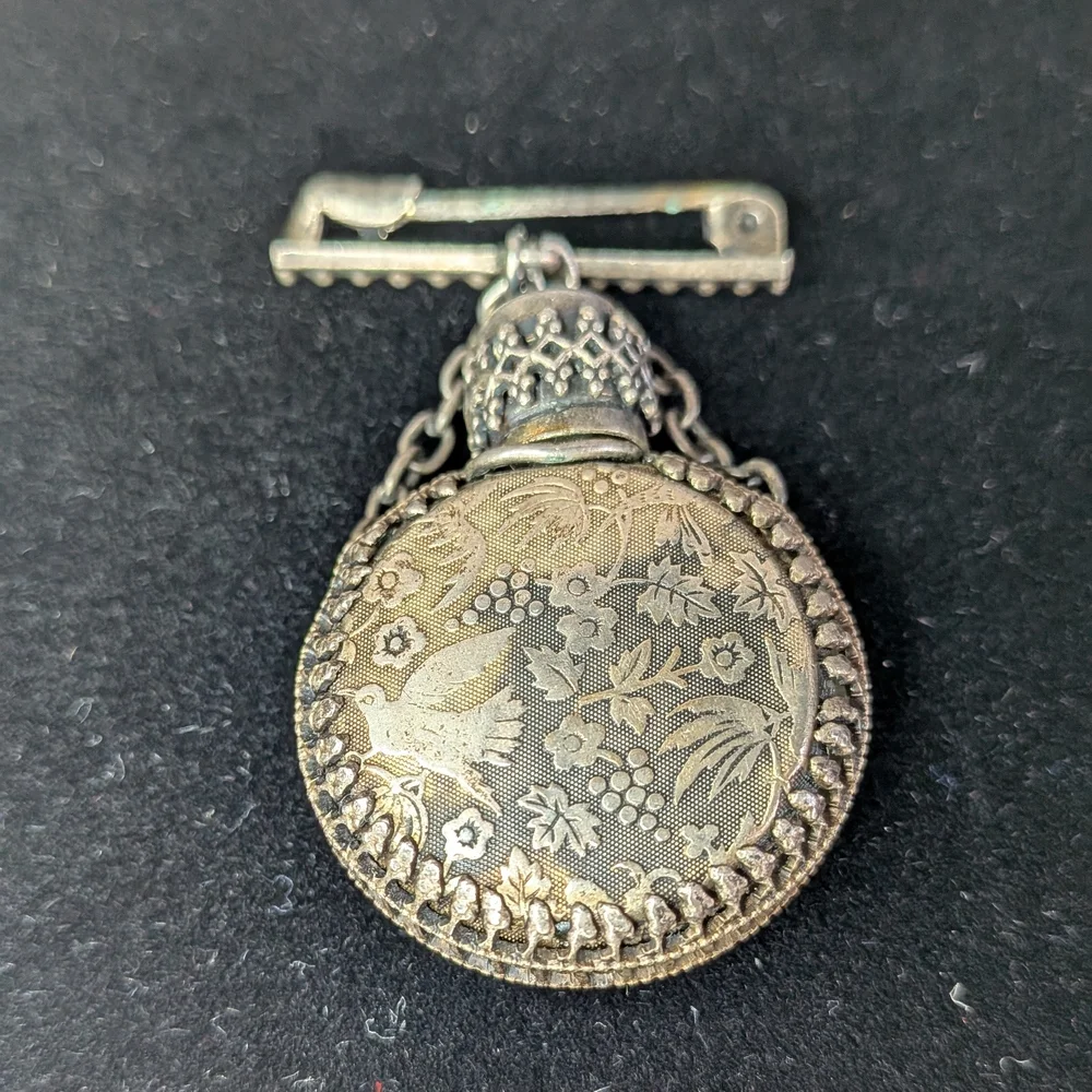 Vintage Victorian Silver Perfume scent Bottle Brooch metal Filigree Turquoise - Picture 3 of 8